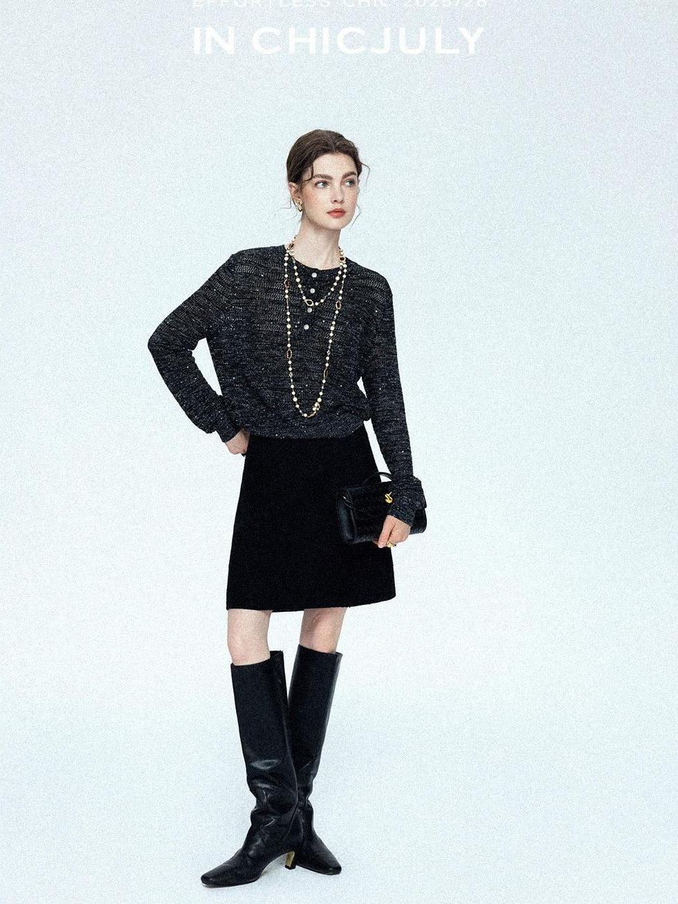 chicjuly Black Textured Boucle Woven High Waist A Line Women's Wool Mini Skirts