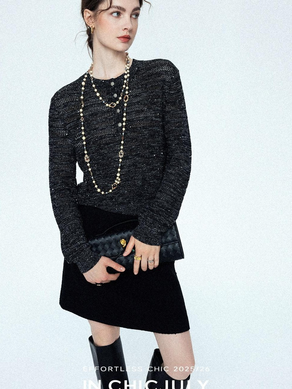chicjuly Black Textured Boucle Woven High Waist A Line Women's Wool Mini Skirts