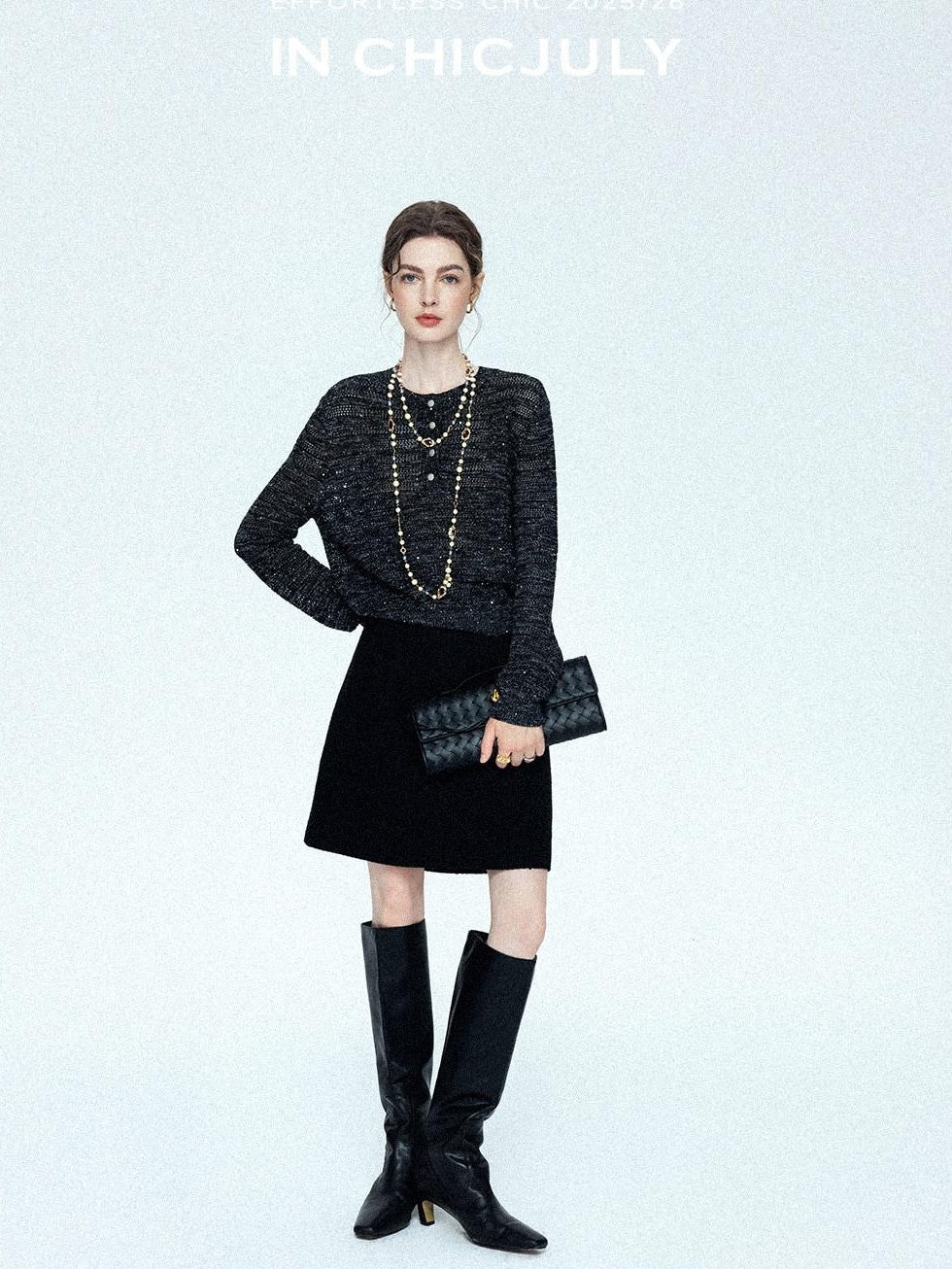 chicjuly Black Textured Boucle Woven High Waist A Line Women's Wool Mini Skirts