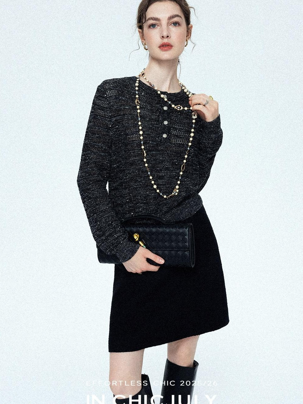 chicjuly Black Textured Boucle Woven High Waist A Line Women's Wool Mini Skirts