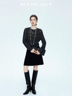 chicjuly Black Textured Boucle Woven High Waist A Line Women's Wool Mini Skirts