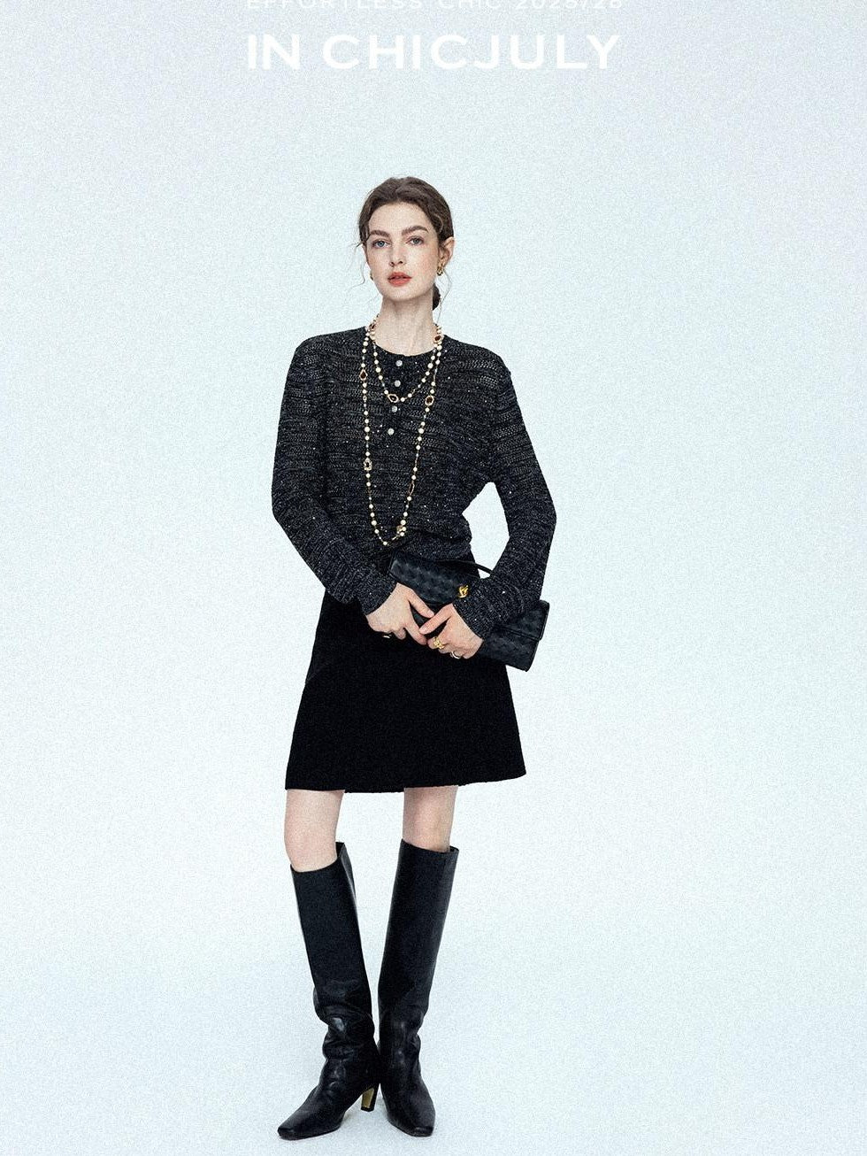 chicjuly Black Textured Boucle Woven High Waist A Line Women's Wool Mini Skirts