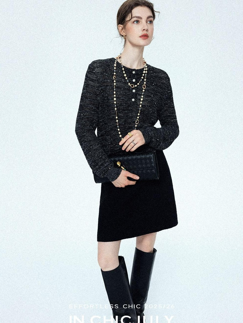 chicjuly Black Textured Boucle Woven High Waist A Line Women's Wool Mini Skirts