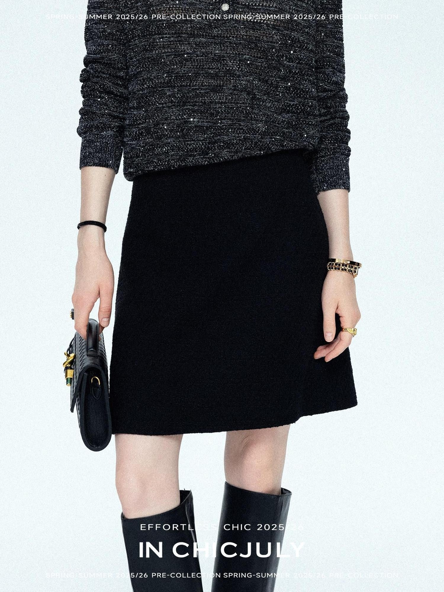 chicjuly Black Textured Boucle Woven High Waist A Line Women's Wool Mini Skirts