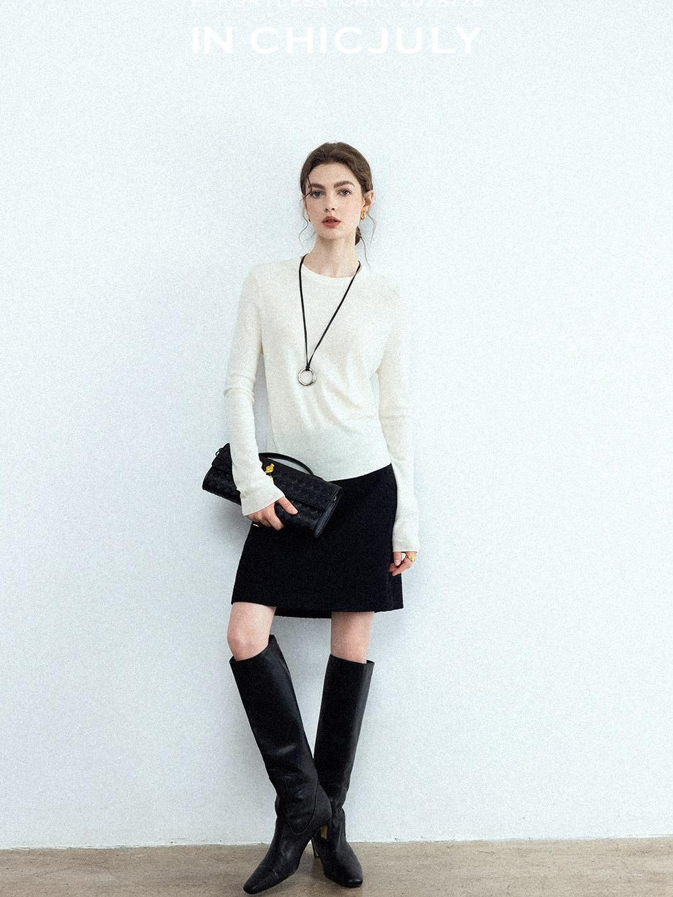 chicjuly Black Textured Boucle Woven High Waist A Line Women's Wool Mini Skirts