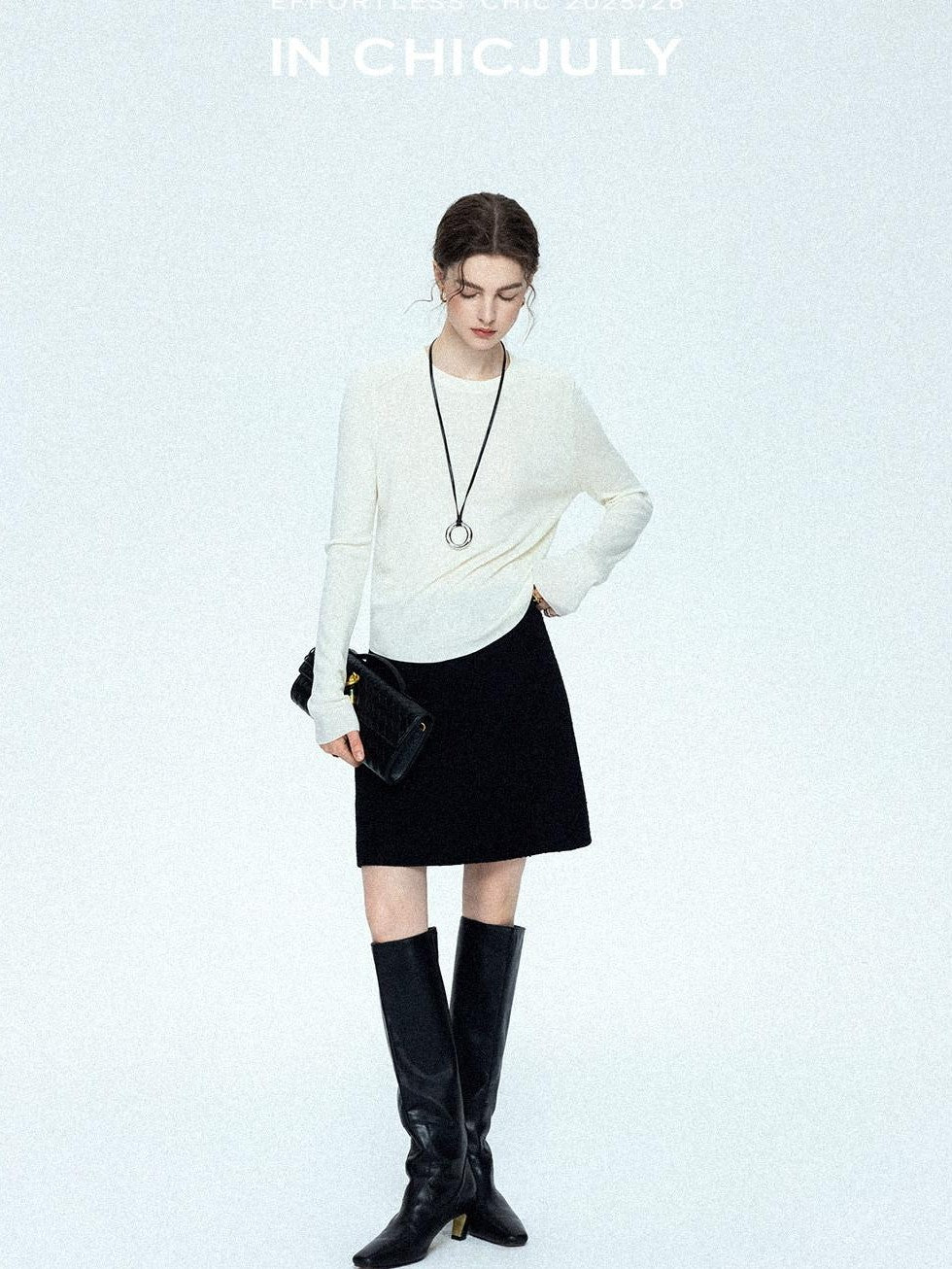 chicjuly Black Textured Boucle Woven High Waist A Line Women's Wool Mini Skirts