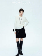 chicjuly Black Textured Boucle Woven High Waist A Line Women's Wool Mini Skirts