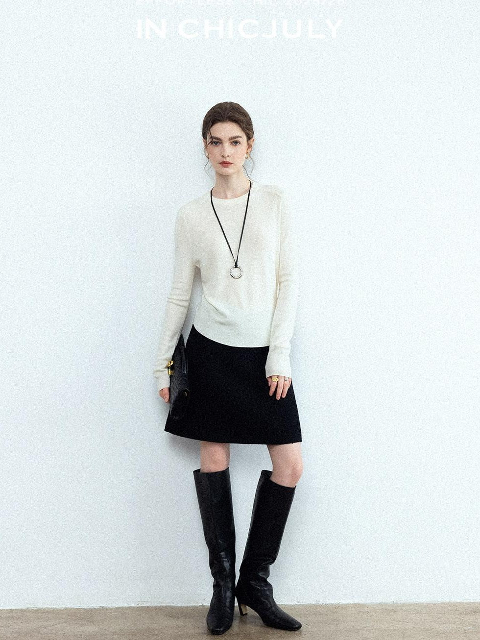 chicjuly Black Textured Boucle Woven High Waist A Line Women's Wool Mini Skirts