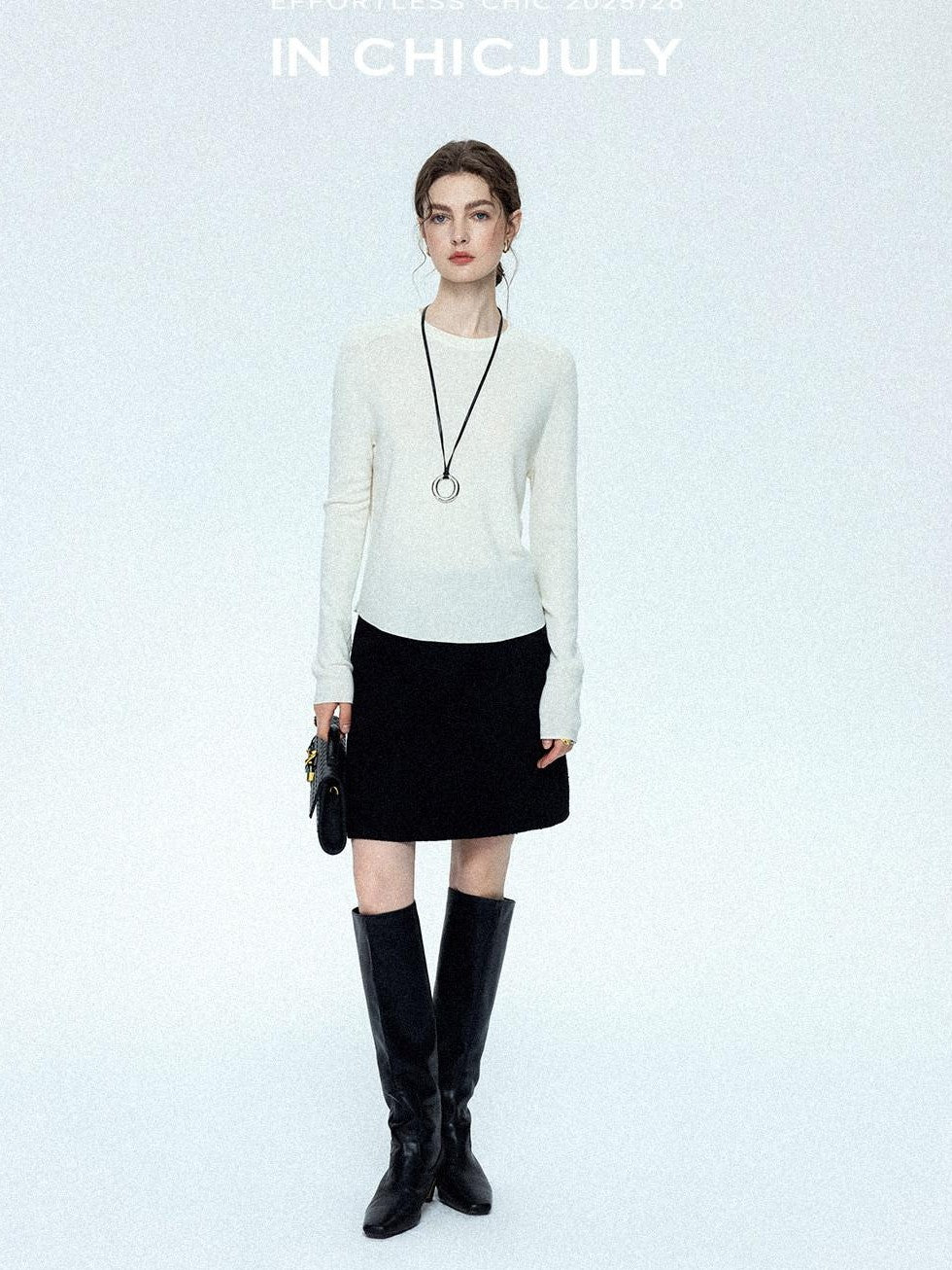 chicjuly Black Textured Boucle Woven High Waist A Line Women's Wool Mini Skirts