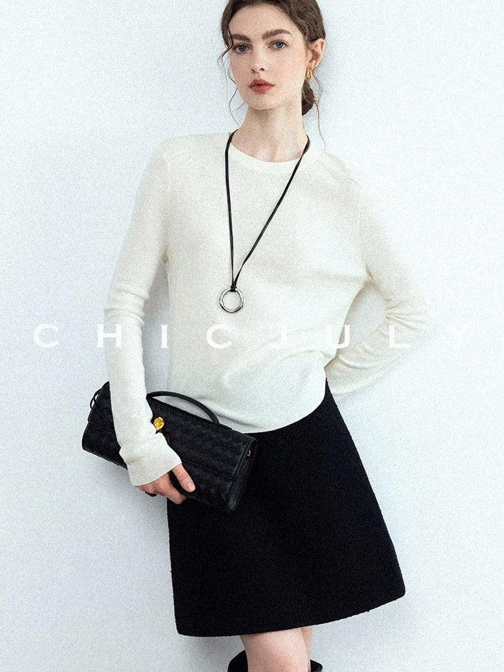 chicjuly Black Textured Boucle Woven High Waist A Line Women's Wool Mini Skirts