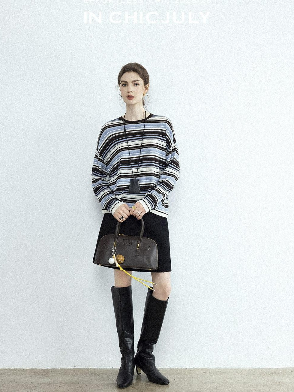 chicjuly Black Textured Boucle Woven High Waist A Line Women's Wool Mini Skirts