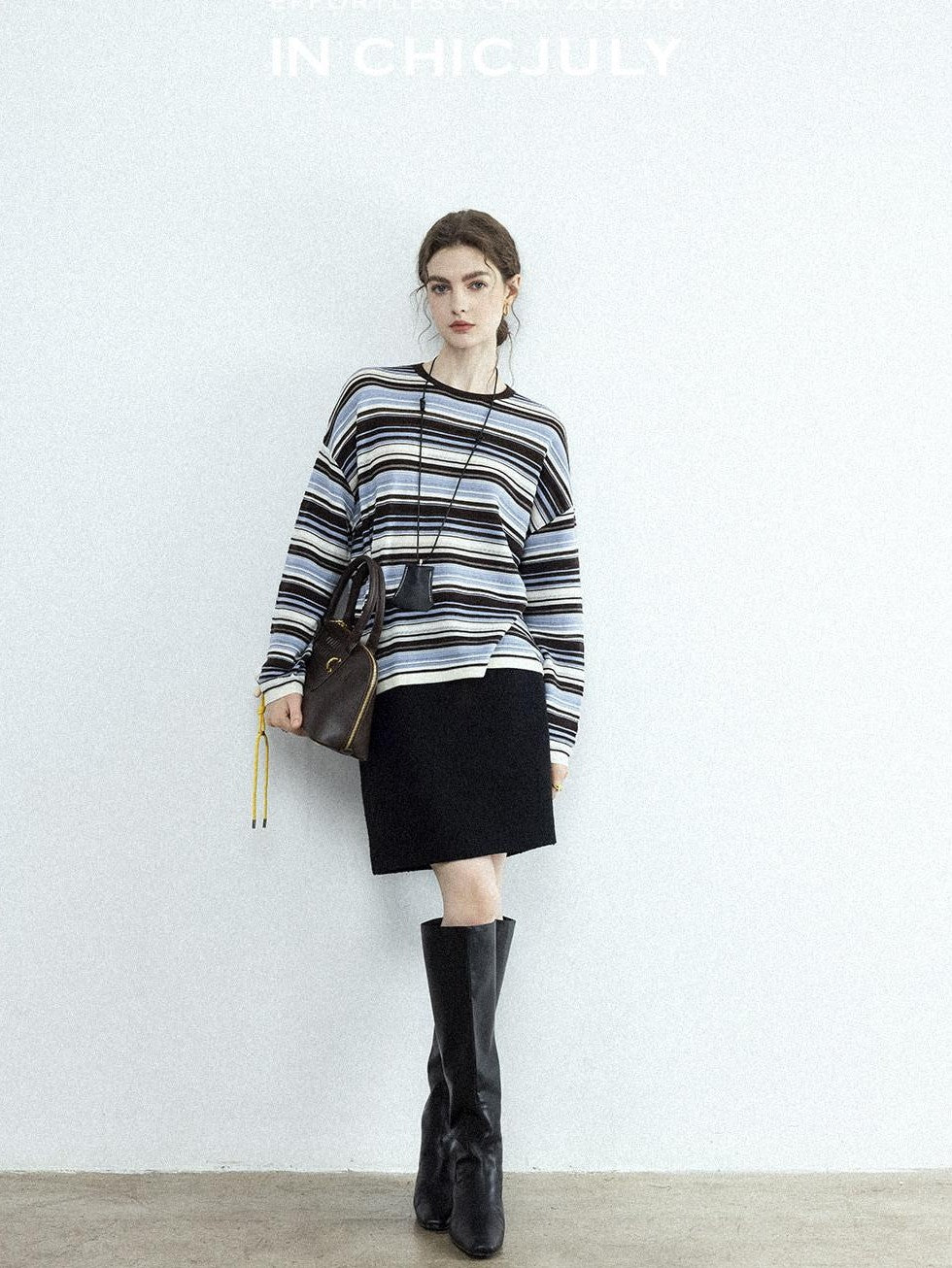 chicjuly Black Textured Boucle Woven High Waist A Line Women's Wool Mini Skirts