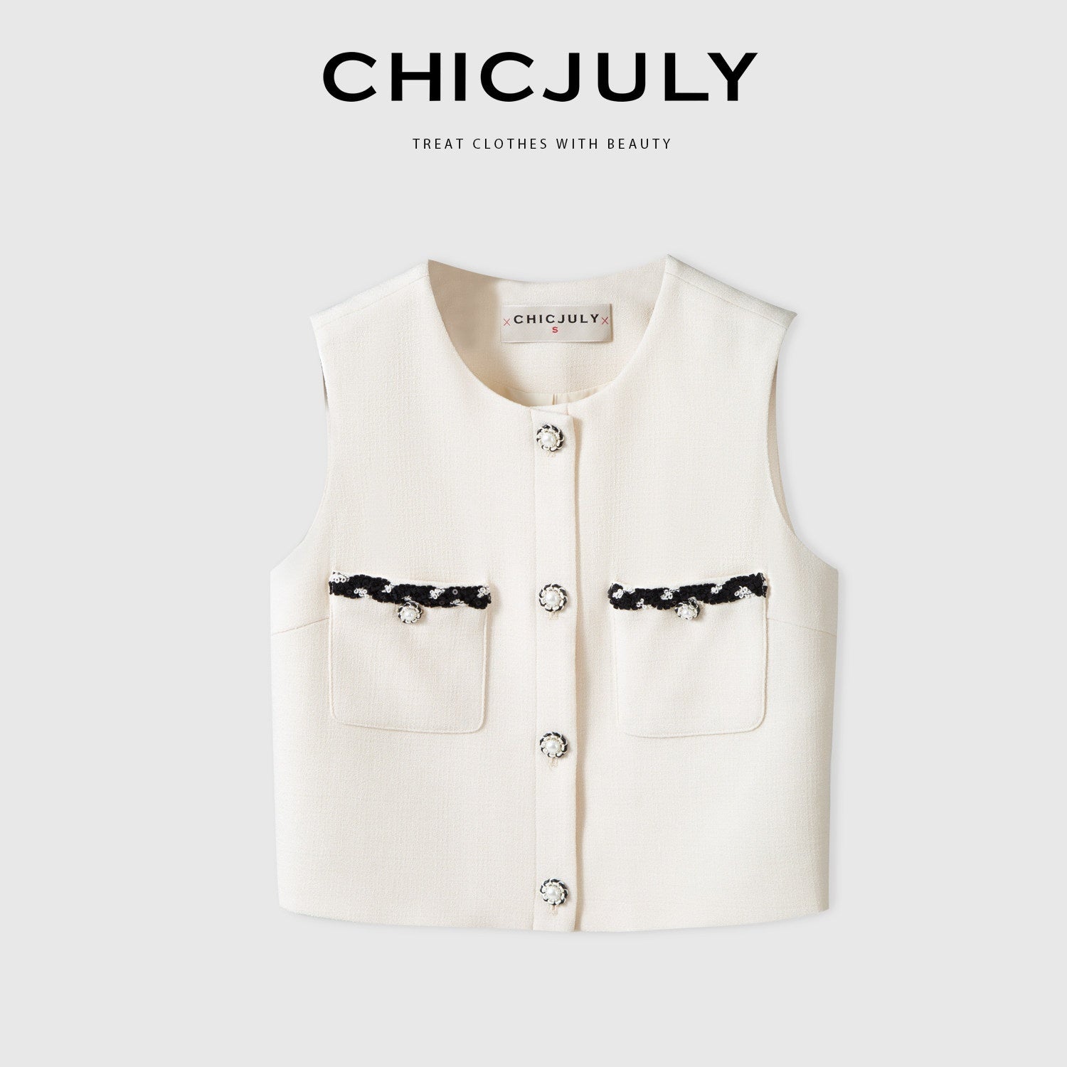 chicjuly Black White Sequin Chain Button Round Neck Women's Acetate Skirt Suits 732253634860