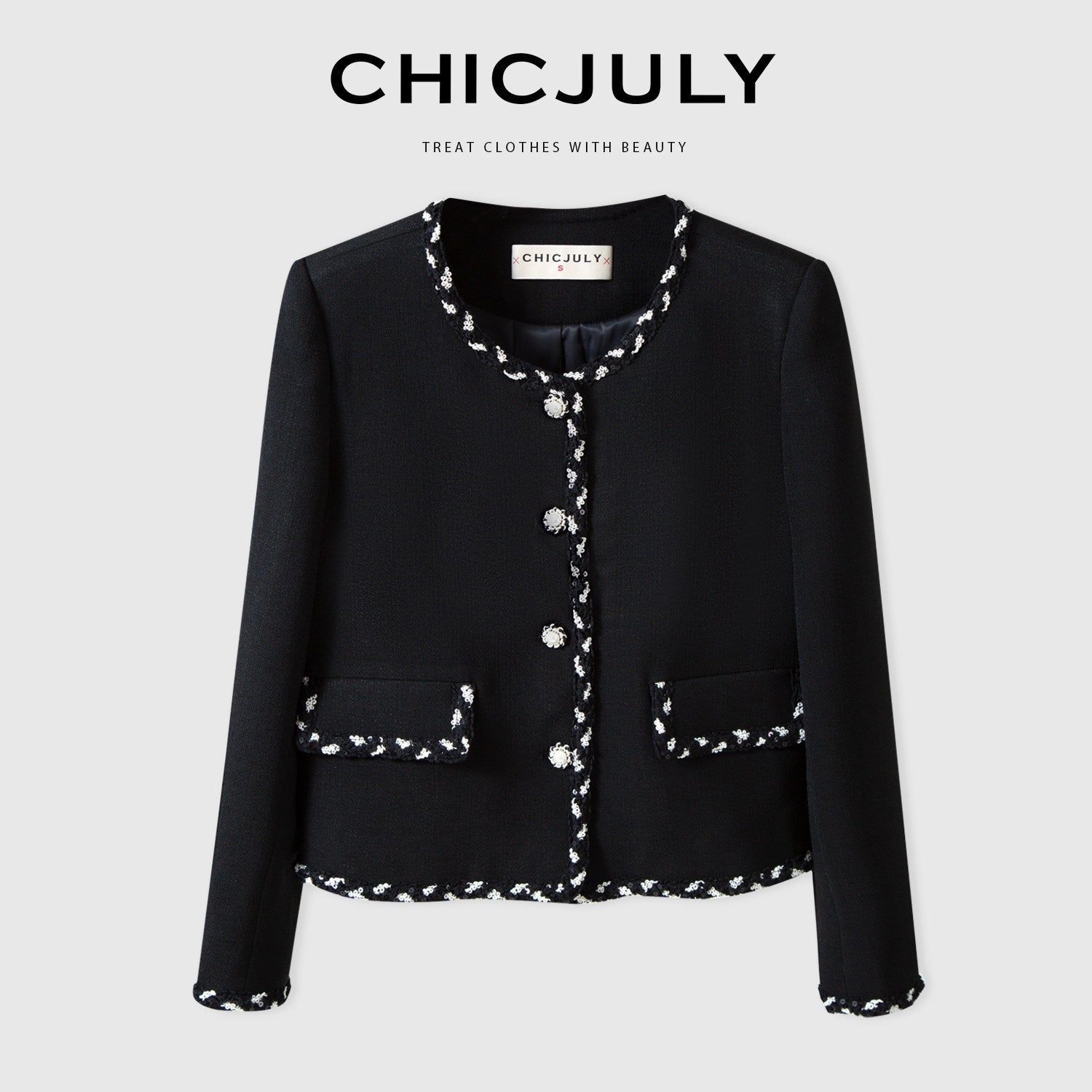 chicjuly Black White Sequin Chain Button Round Neck Women's Acetate Skirt Suits 732253634860