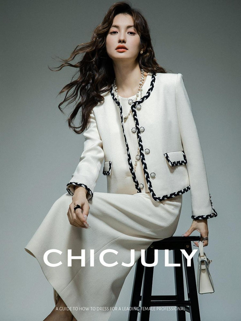 chicjuly Black White Sequin Chain Button Round Neck Women's Acetate Skirt Suits