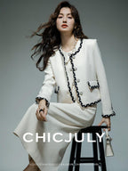 chicjuly Black White Sequin Chain Button Round Neck Women's Acetate Skirt Suits