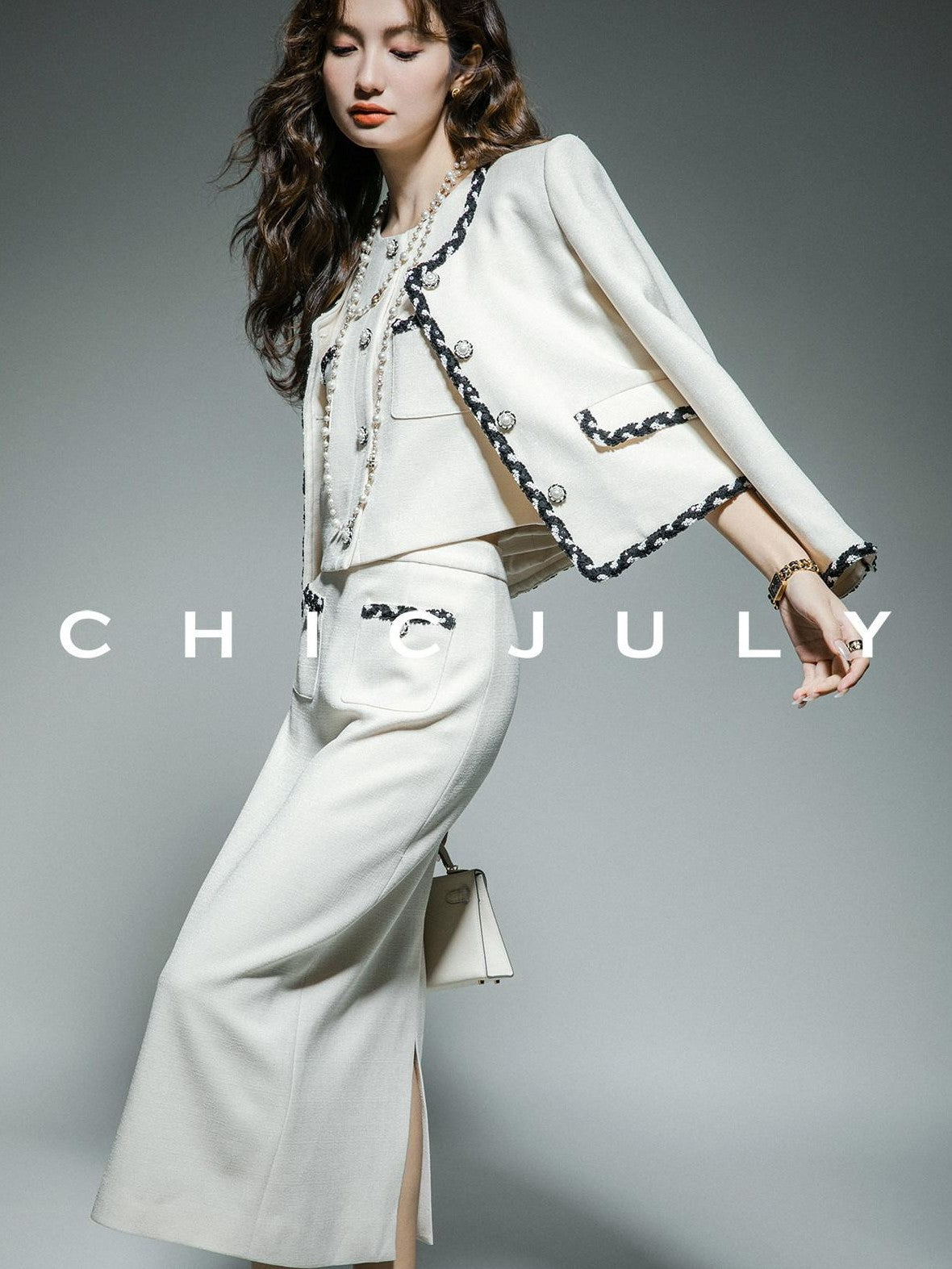 chicjuly Black White Sequin Chain Button Round Neck Women's Acetate Skirt Suits