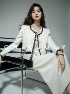chicjuly Black White Sequin Chain Button Round Neck Women's Acetate Skirt Suits
