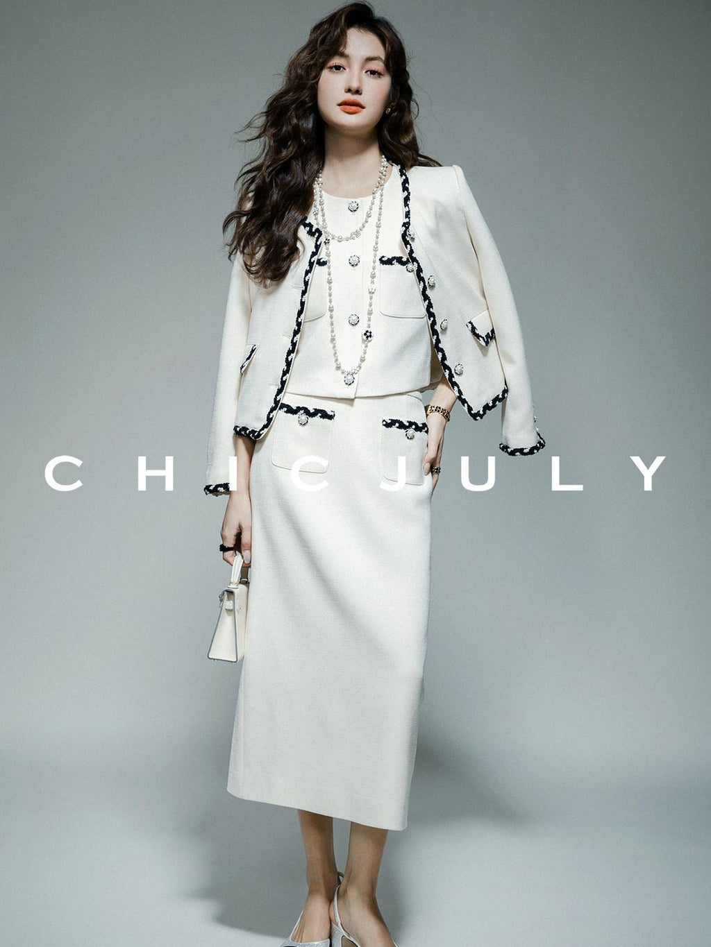 chicjuly Black White Sequin Chain Button Round Neck Women's Acetate Skirt Suits
