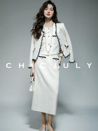 chicjuly Black White Sequin Chain Button Round Neck Women's Acetate Skirt Suits