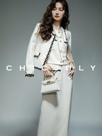 chicjuly Black White Sequin Chain Button Round Neck Women's Acetate Skirt Suits