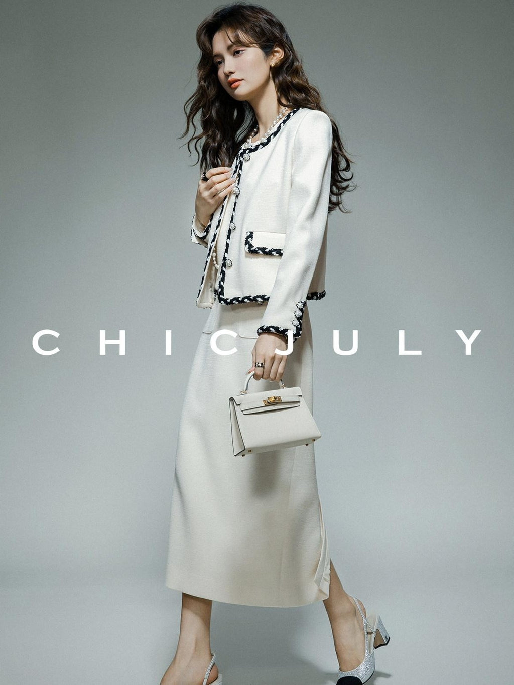 chicjuly Black White Sequin Chain Button Round Neck Women's Acetate Skirt Suits