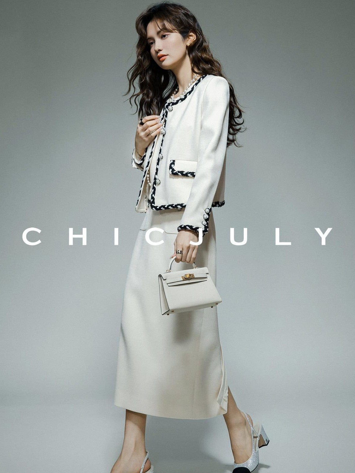 chicjuly Black White Sequin Chain Button Round Neck Women's Acetate Skirt Suits