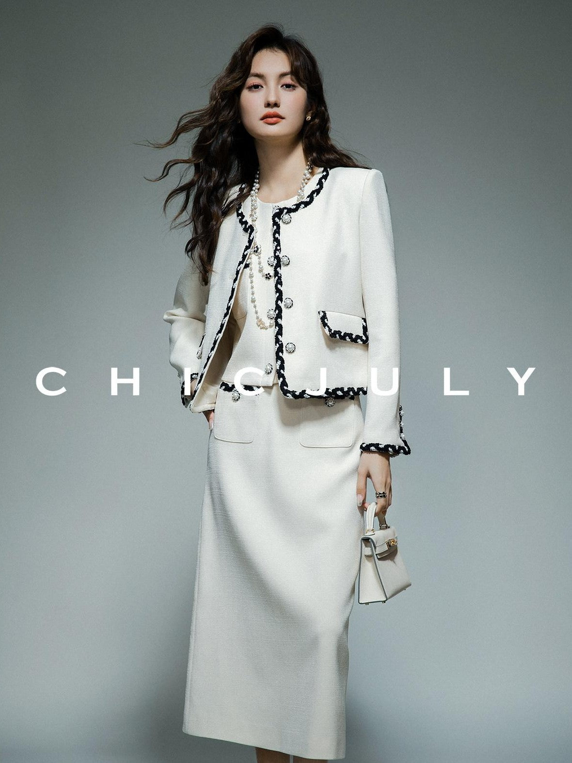 chicjuly Black White Sequin Chain Button Round Neck Women's Acetate Skirt Suits