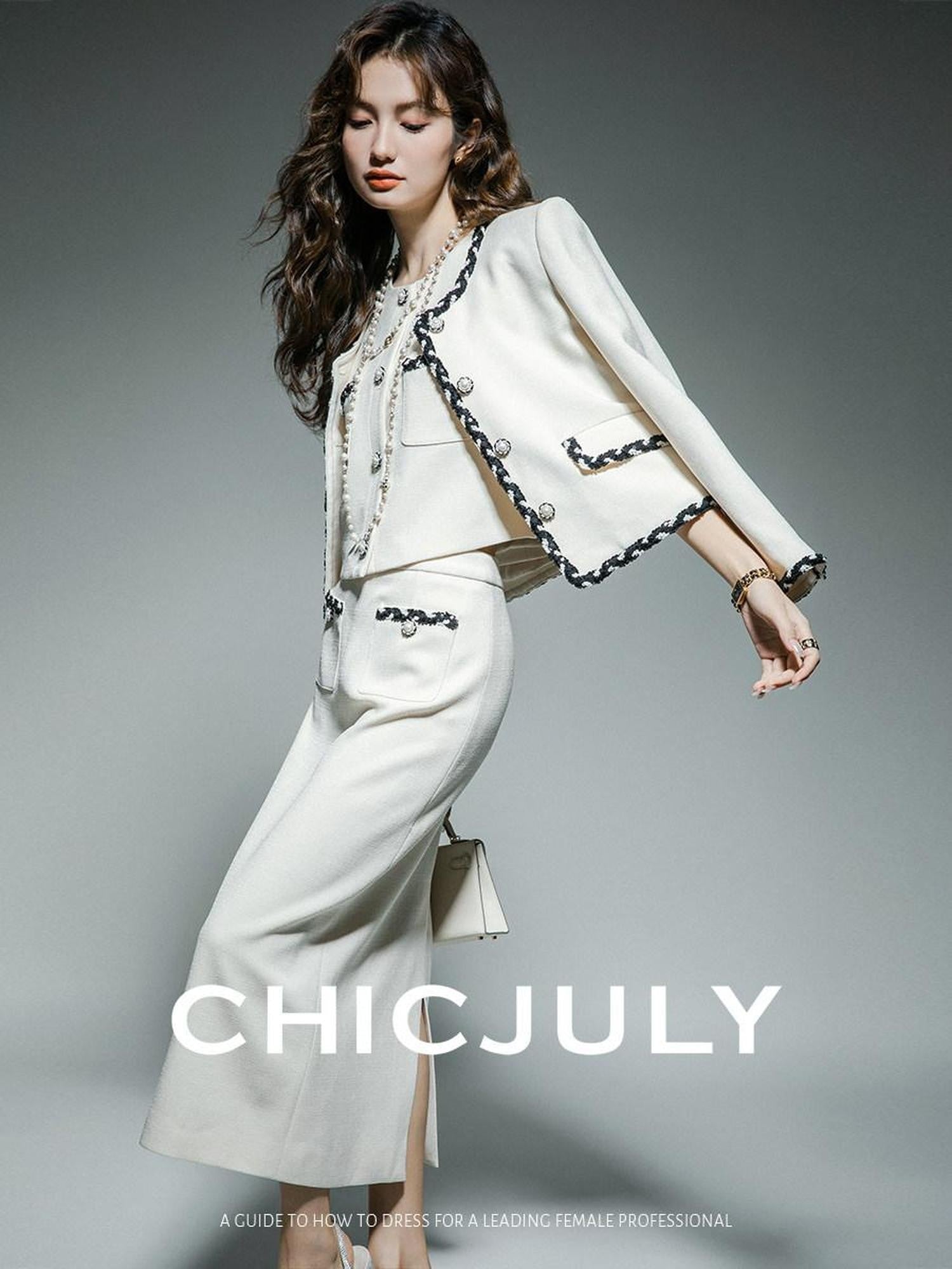 chicjuly Black White Sequin Chain Button Round Neck Women's Acetate Skirt Suits