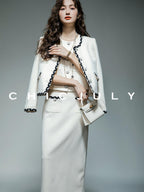 chicjuly Black White Sequin Chain Button Round Neck Women's Acetate Skirt Suits