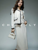 chicjuly Black White Sequin Chain Button Round Neck Women's Acetate Skirt Suits