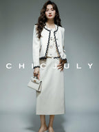 chicjuly Black White Sequin Chain Button Round Neck Women's Acetate Skirt Suits