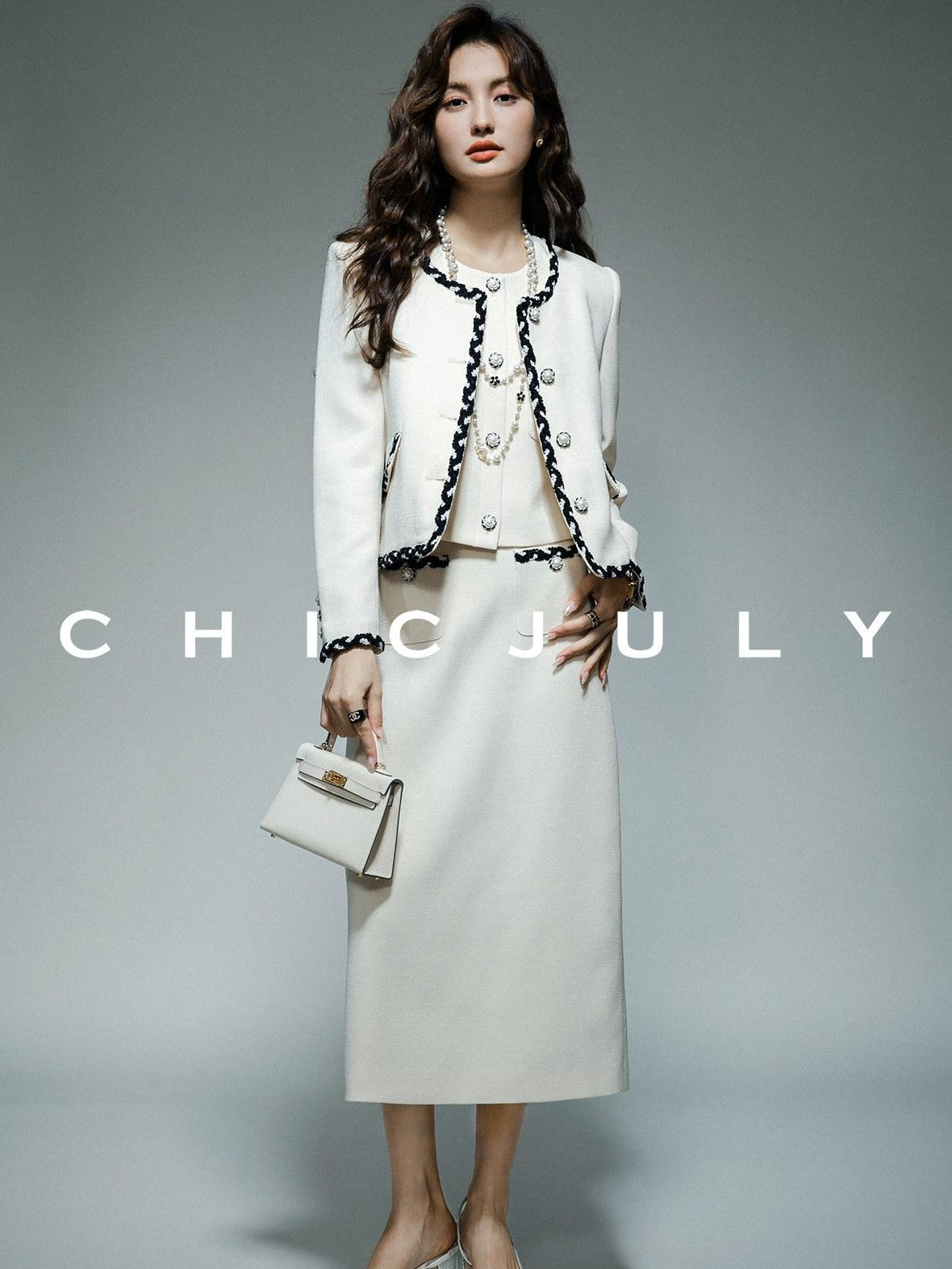chicjuly Black White Sequin Chain Button Round Neck Women's Acetate Skirt Suits