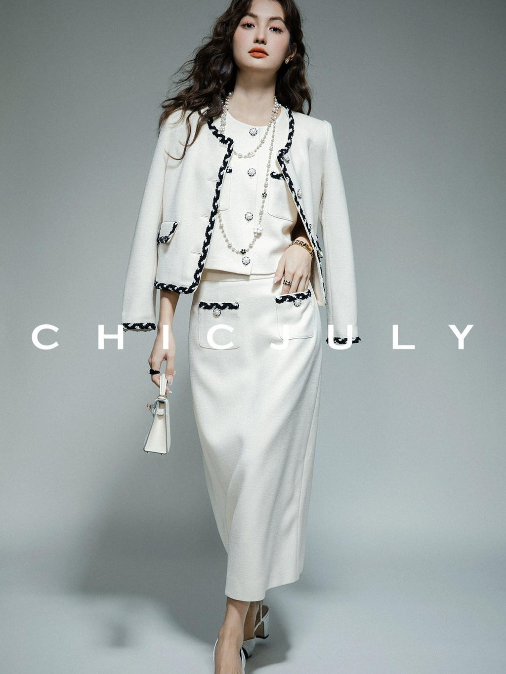 chicjuly Black White Sequin Chain Button Round Neck Women's Acetate Skirt Suits