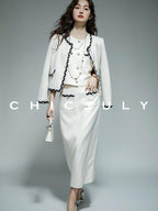 chicjuly Black White Sequin Chain Button Round Neck Women's Acetate Skirt Suits