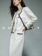 chicjuly Black White Sequin Chain Button Round Neck Women's Acetate Skirt Suits