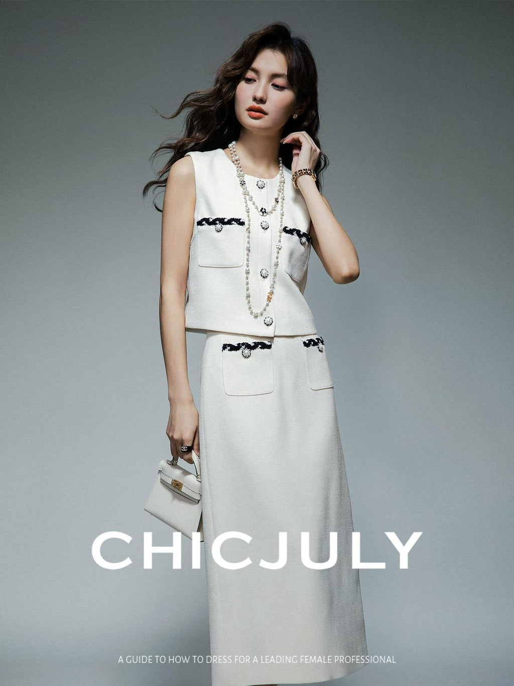 chicjuly Black White Sequin Chain Button Round Neck Women's Acetate Skirt Suits
