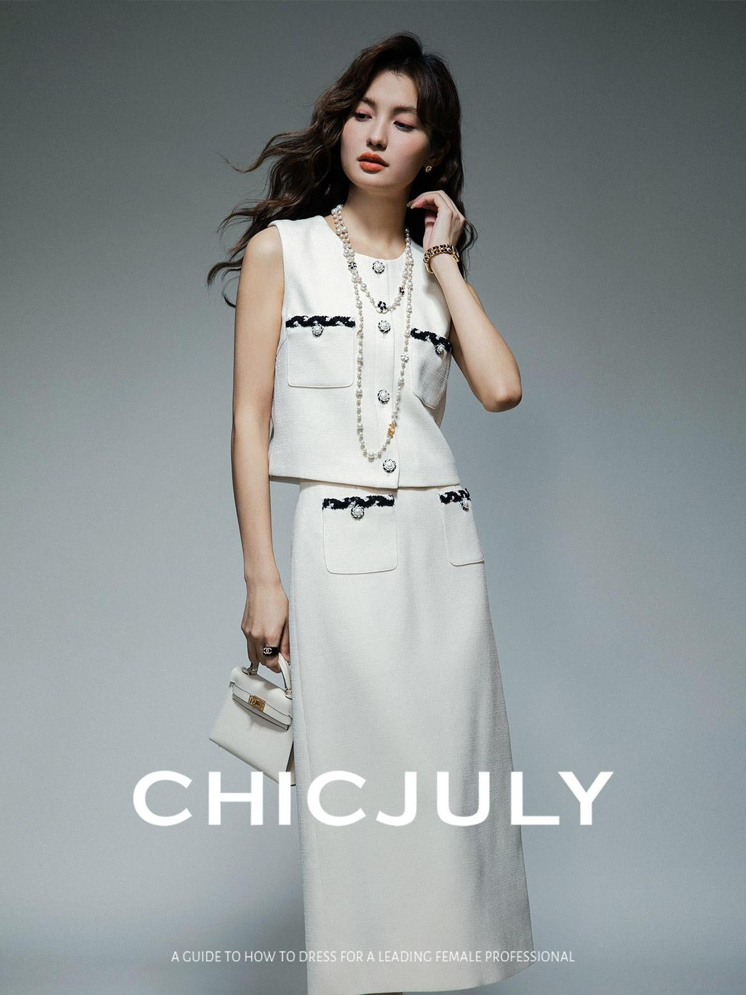 chicjuly Black White Sequin Chain Button Round Neck Women's Acetate Skirt Suits