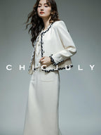 chicjuly Black White Sequin Chain Button Round Neck Women's Acetate Skirt Suits
