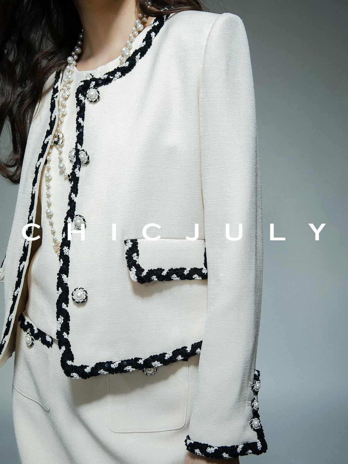 chicjuly Black White Sequin Chain Button Round Neck Women's Acetate Skirt Suits