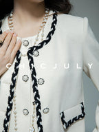 chicjuly Black White Sequin Chain Button Round Neck Women's Acetate Skirt Suits