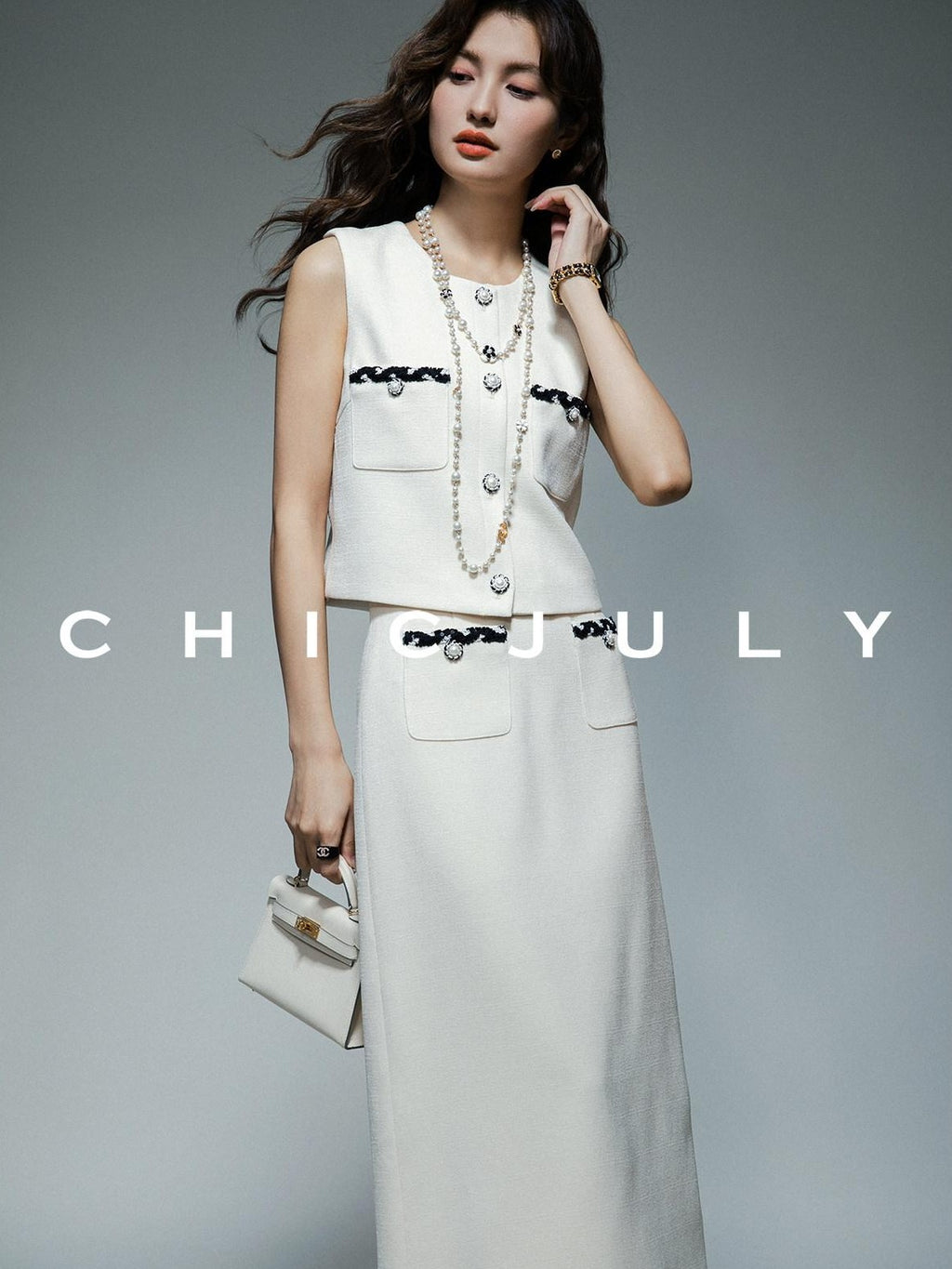 chicjuly Black White Sequin Chain Button Round Neck Women's Acetate Skirt Suits