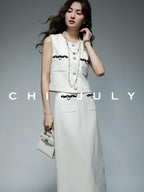 chicjuly Black White Sequin Chain Button Round Neck Women's Acetate Skirt Suits