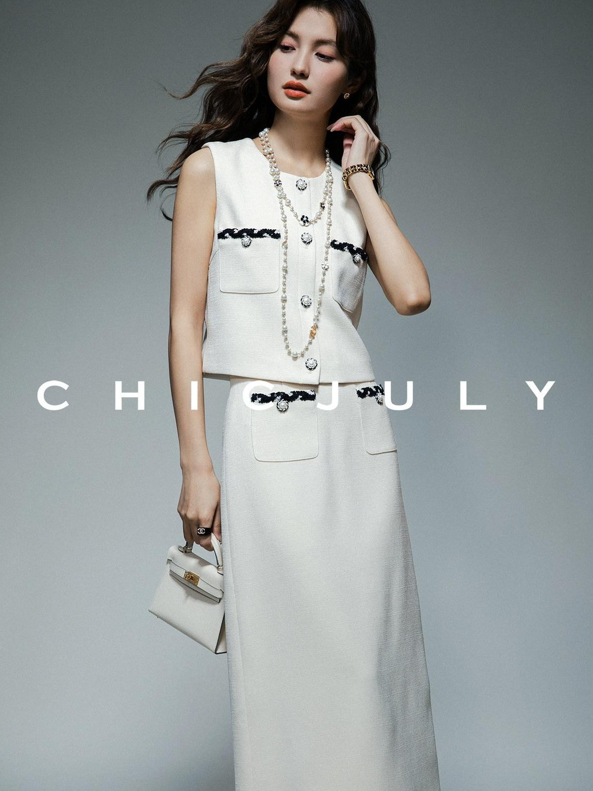 chicjuly Black White Sequin Chain Button Round Neck Women's Acetate Skirt Suits