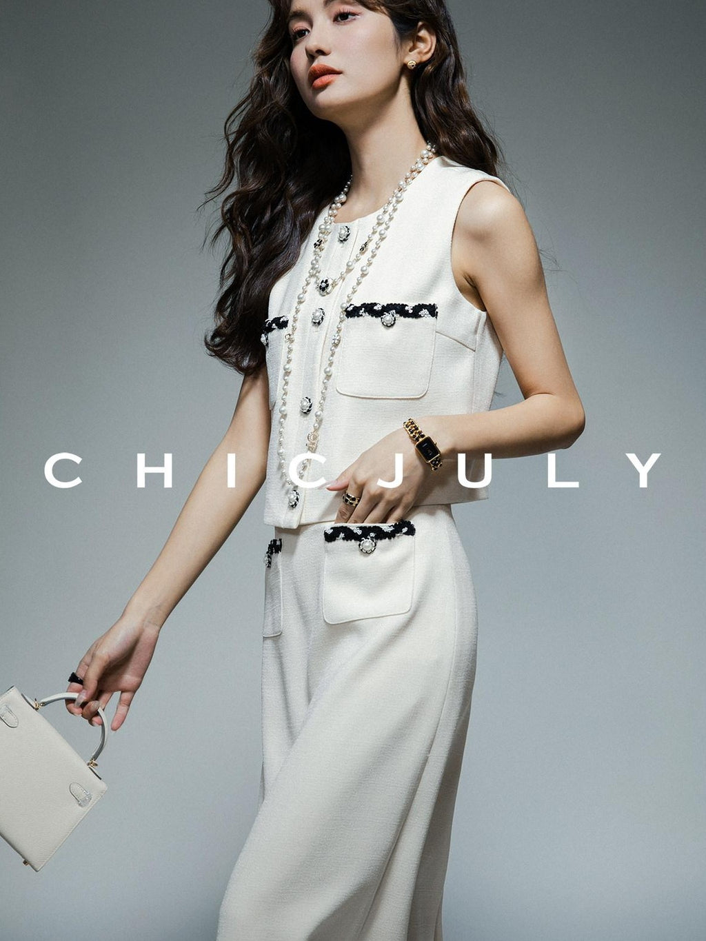 chicjuly Black White Sequin Chain Button Round Neck Women's Acetate Skirt Suits