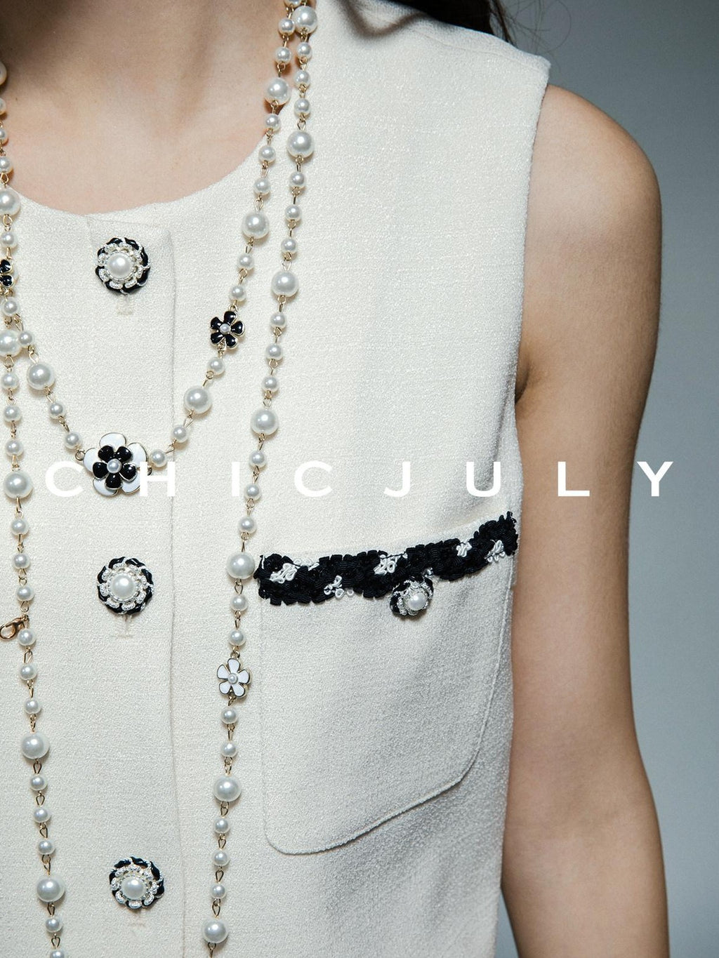 chicjuly Black White Sequin Chain Button Round Neck Women's Acetate Skirt Suits