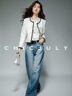 chicjuly Black White Sequin Chain Button Round Neck Women's Acetate Skirt Suits