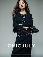 chicjuly Black White Sequin Chain Button Round Neck Women's Acetate Skirt Suits