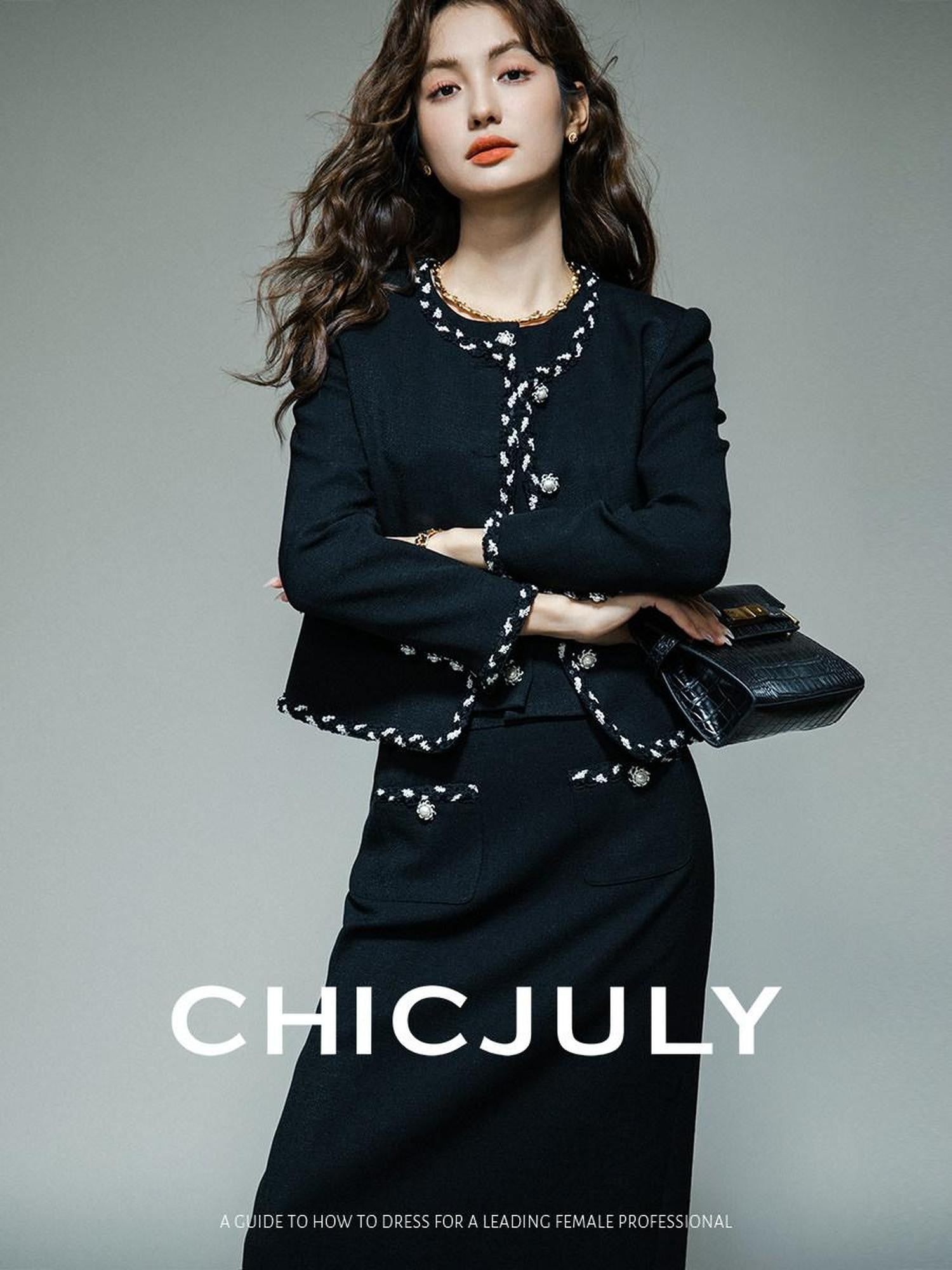 chicjuly Black White Sequin Chain Button Round Neck Women's Acetate Skirt Suits