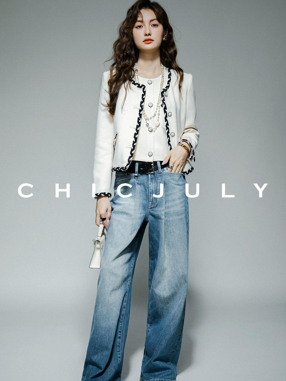 chicjuly Black White Sequin Chain Button Round Neck Women's Acetate Skirt Suits